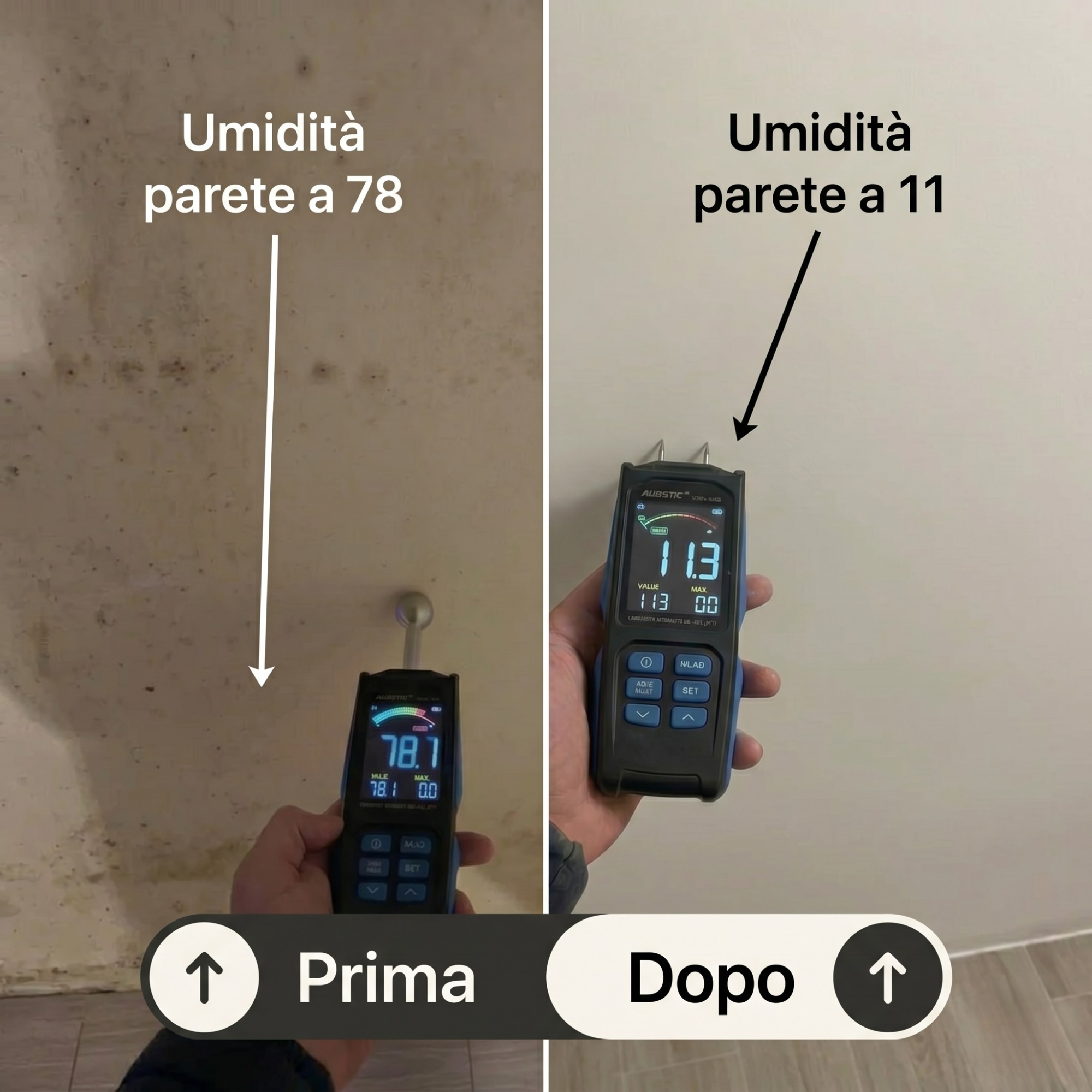 Misurazione strumentale umidità parete: da 78 prima dell'intervento a 11 dopo l'intervento UmiGuard